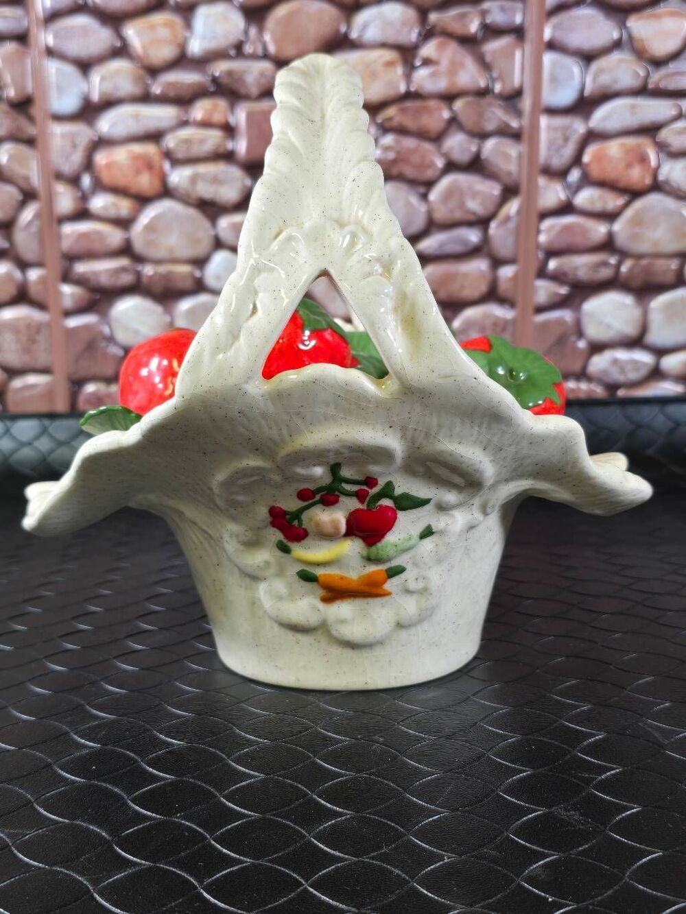 White Majolica Style Basket with Strawberries